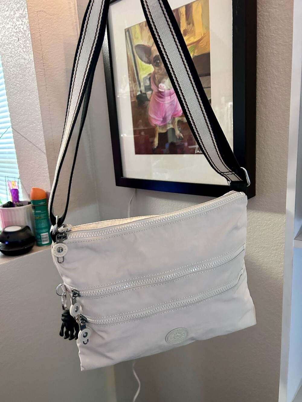 Kipling Alvar Crossbody Shoulder Bag in Off-White Nylon with Monkey Charm
